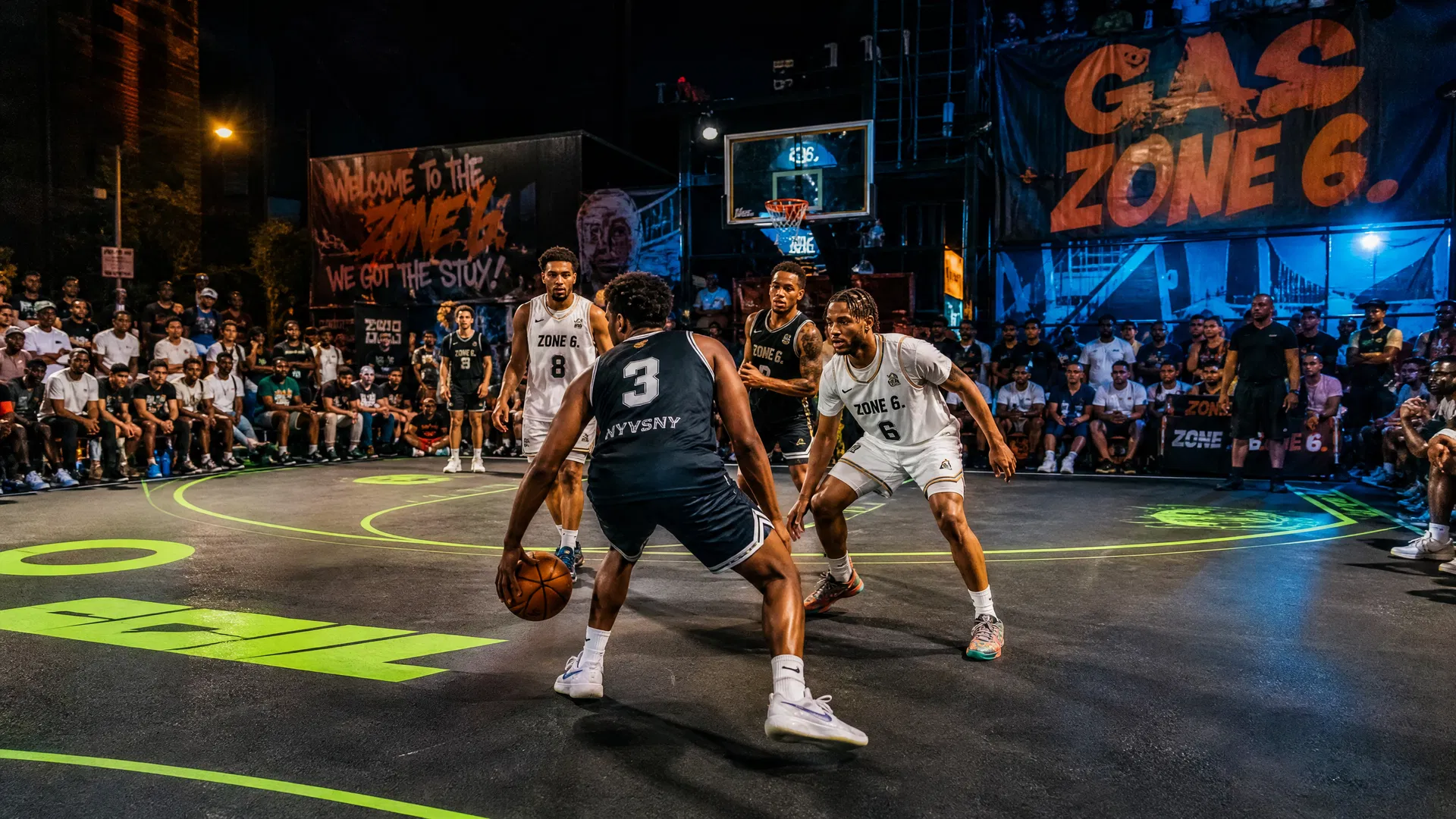 街头球场上球员对抗的3V3篮球比赛
